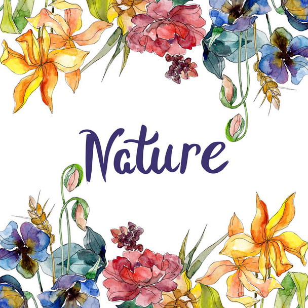 Wildflower bouquet floral botanical flowers. Wild spring leaf wildflower isolated. Watercolor background illustration set. Watercolour drawing fashion aquarelle isolated. Frame border ornament square. - 写真・画像