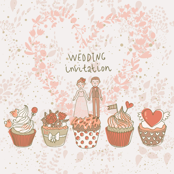 Cute wedding invitation. Couple in love on tasty cupcakes with heart made of flowers. Romantic background in cartoon style. Ideal for wedding cards and Save the Date invitations - Vektör, Görsel