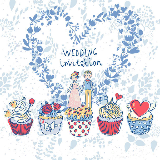 Cute wedding invitation. Couple in love on tasty cupcakes with heart made of flowers. Romantic background in cartoon style. Ideal for wedding cards and Save the Date invitations - Vector, imagen