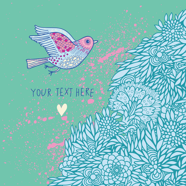Floral background with a cute bird in vintage style. Cartoon natural wallpaper in vector in spring colors - Vektor, Bild