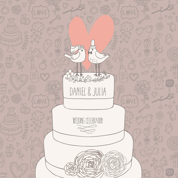 Stylish wedding invitation. Romantic birds on the cake. Save the date concept illustration. Sentimental vector card in pastel colors - Vector, imagen