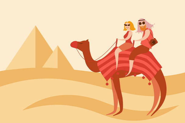 Turistas pareja de jinetes de camellos en el desierto cerca de las pirámides de Egipto
 - Vector, imagen