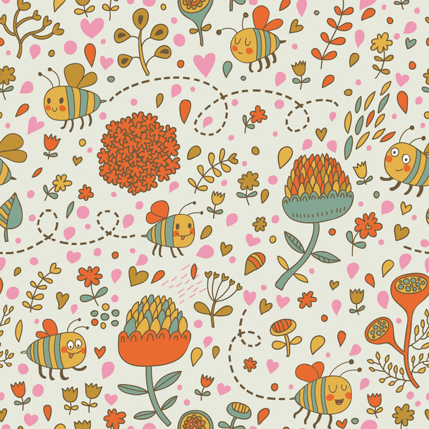 Bees in cartoon flowers. Seamless pattern can be used for wallpaper, pattern fills, web page backgrounds, surface textures. Gorgeous seamless floral background - Vektor, obrázek