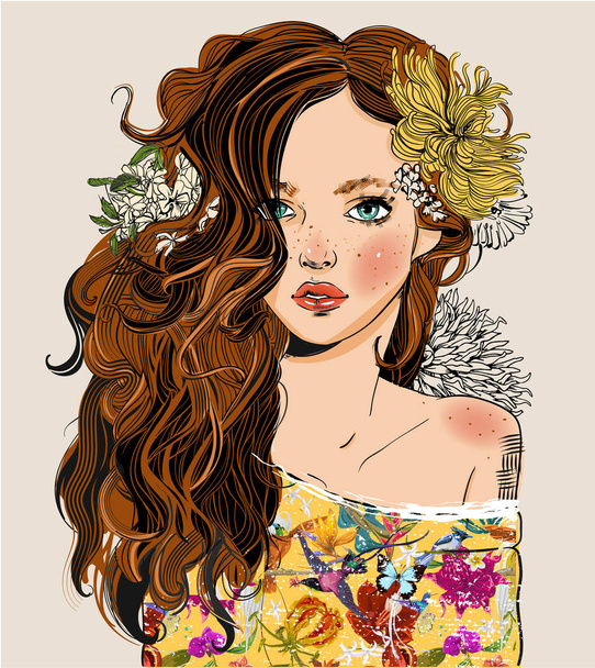 Portret van jonge mooie vrouw met bloemen - Vector, afbeelding