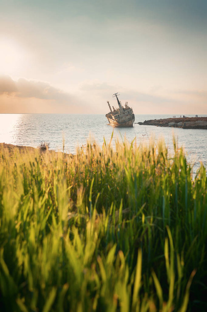 Porzucony statek Edro Iii w pobliżu plaży w Pafos. Wyspa Cypr wrak - Zdjęcie, obraz