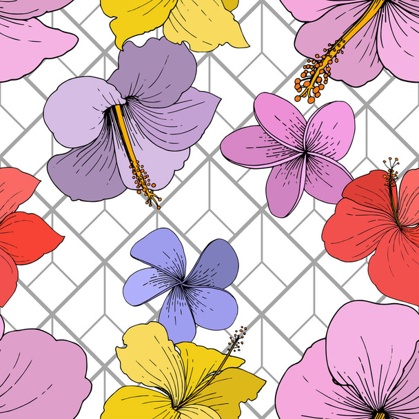 Fleurs tropicales florales vectorielles d'Hibiscus. Encre gravée sur fond blanc. Modèle de fond sans couture
. - Vecteur, image