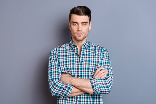 Close up photo amazing he him his man boyfriend hand arms crossed looking straight self-confident perfect bristle styling wearing casual plaid checkered outfit isolated grey background - Valokuva, kuva