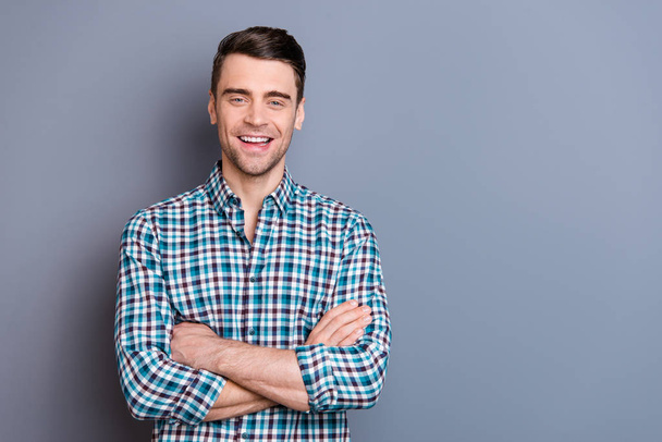 Close up photo attractive amazing he him his man hands arms crossed self-confident laughing comic situation perfect stubble styling wearing casual plaid checkered outfit isolated grey background - Zdjęcie, obraz