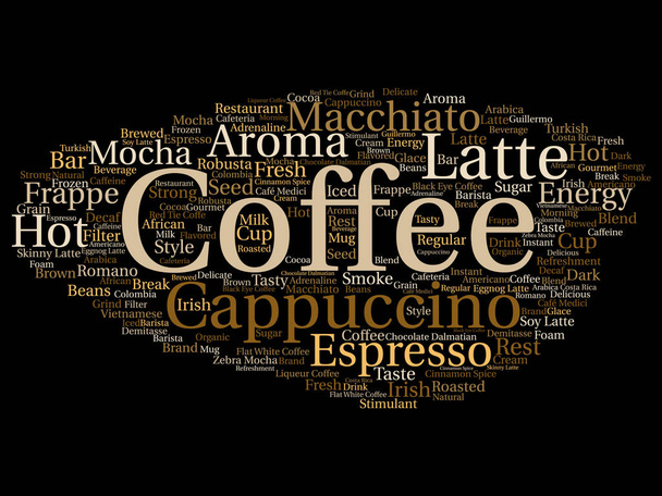Vector conceptual creative hot morning italian coffee break, cappuccino or espresso restaurant or cafeteria abstract beverage word cloud isolated on background. An energy or taste drink concept text - Vector, Image