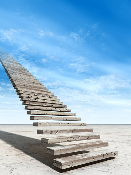 Concept of conceptuele 3d illustratie trap stappen naar de hemel op de hemelachtergrond in woestijn met wolken - Foto, afbeelding