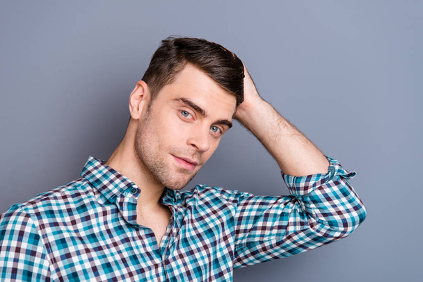 Close up photo attractive amazing he him his man hands arms touch hold perfect hair styling recommend visit barber shop stylist wearing casual plaid checkered outfit isolated grey background - Foto, afbeelding