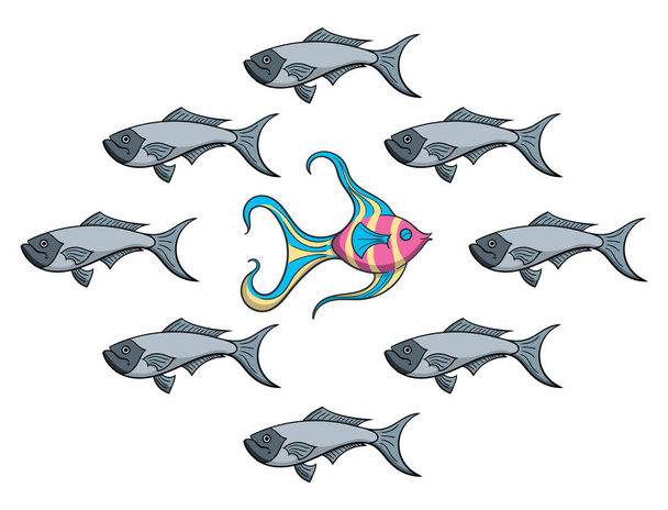 Ilustración de peces únicos nadando río arriba aislados sobre fondo blanco
 - Vector, Imagen