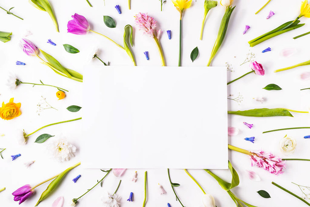 Easter and spring flat lay on a white background. Copy space. - Fotografie, Obrázek