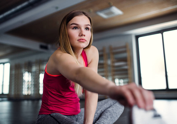 A portrait of young girl or woman doing exercise in a gym. - Valokuva, kuva