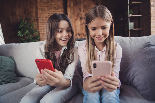 Close-up portrait of two nice sweet lovely attractive charming cheerful cheery funny toothy girls sitting on divan using new cool device gadget playing wow game in house loft industrial interior style - 写真・画像