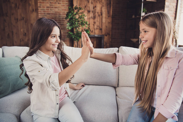 Profile side view portrait of two nice lovely attractive charming cheerful cheery friendly best girls clapping palms yes goal agreement sitting on divan in house loft industrial interior - Fotoğraf, Görsel