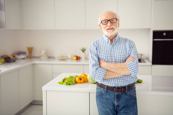 Close up portrait grey haired he his him grandpa arms crossed leaning cooking table sincerely smiling wearing specs casual checkered plaid shirt jeans denim outfit stand bright light kitchen room - Foto, Imagem