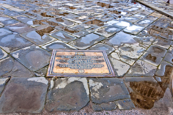 Assiette de l'Unesco sur la Piazza dei Miracoli à Pise et tour penchée réfléchie
 - Photo, image
