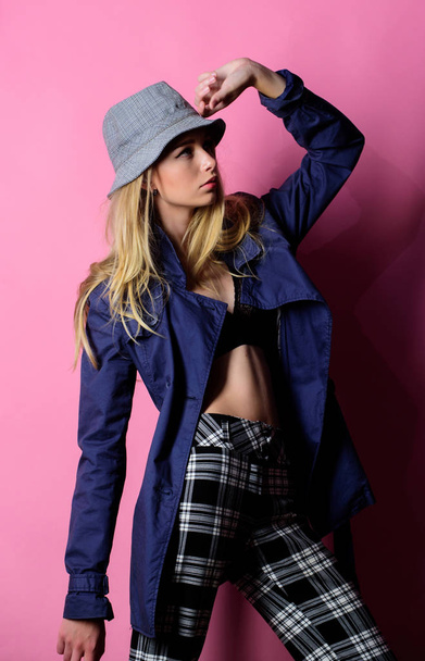 Woman mysterious face wear hat. Confident and fashionable. Modern style. Girl with make up wear wide brimmed hat. Fashion girl concept. Fashion and style. Blonde fashion model on pink background - Photo, Image