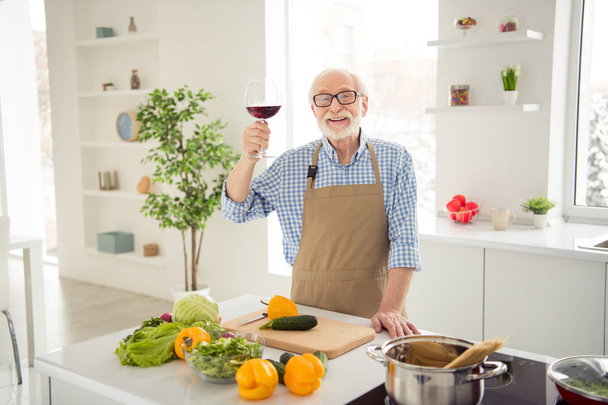 Close up photo grey haired he his him grandpa hand arm big large wine glass advice advertising recommend special sort beverage wear specs casual checkered plaid shirt jeans denim outfit kitchen - Foto, Imagen