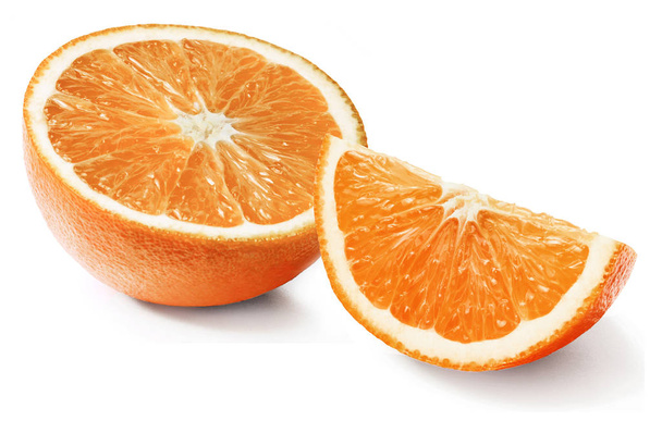 half and quarter of orange on white isolated background - Fotoğraf, Görsel