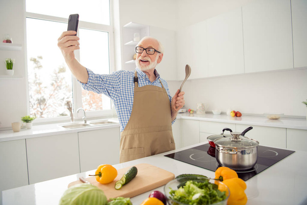 Close up photo grey haired he his him grandpa hands telephone smart phone make take pictures process cooking relatives children wear specs casual checkered plaid shirt jeans denim outfit kitchen - Valokuva, kuva
