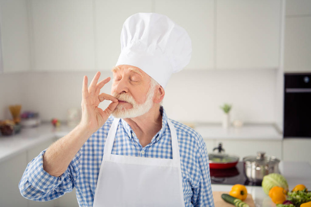 Close up photo grey haired he his him grandpa arms hands fingers okey symbol belissimo tasting smelling eyes closed wear baker chefs costume casual checkered plaid shirt jeans denim outfit kitchen - Foto, Bild