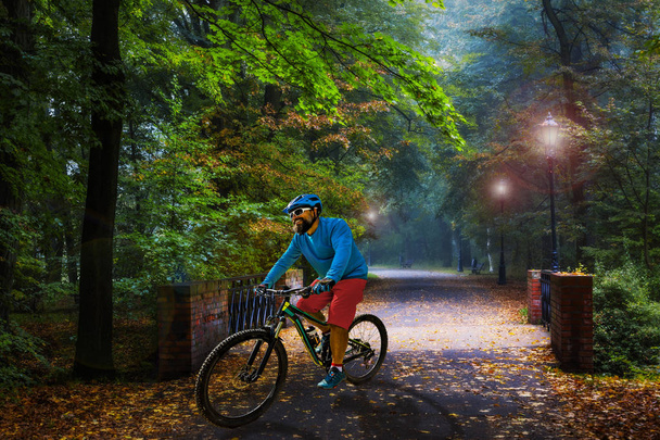 VTT vélo en été montagnes paysage forestier. Homme vélo VTT piste de flux. Activité sportive de plein air
. - Photo, image