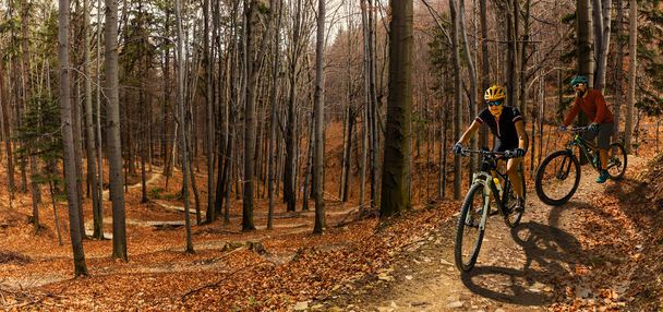 夕日山森林景観でバイクに乗って男をサイクリングします。Mtb エンデューロ流サイクリング カップルを追跡します。アウトドア スポーツ活動. - 写真・画像