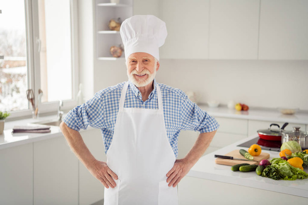 Close up photo cheer grey haired he his him grandpa hands arms sides master class ready making favorite dish come see wearing baker chefs costume casual checkered plaid shirt outfit house kitchen - Foto, Imagen