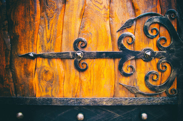 puertas metálicas con tableros marrones claros y elementos forjados
 - Foto, Imagen
