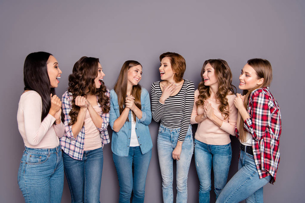Close up photo beautiful she her six ladies skinny roommates birthday sweet gift present many thanks wearing casual jeans denim checkered striped clothes outfit isolated grey background - Foto, Imagen