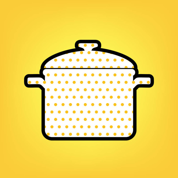Teken van de pan koken. Vector. Geel polka dot wit pictogram met zwart - Vector, afbeelding