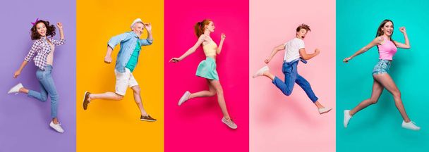 Full size body length view portrait of cheerful cheery glad dreamy sporty people in a striped T-shirt overalls activity lifestyle dream isolated on different color bright vivid shine background - Fotoğraf, Görsel