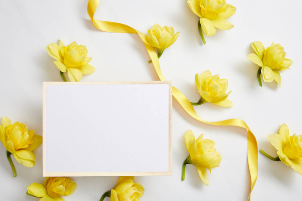 felülnézet sárga nárcisz virág, fehér üres kártya, és a sárga szatén szalag fehér  - Fotó, kép