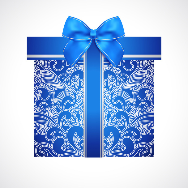 Blue gift box with floral pattern (scroll) and bow (ribbon). Vector celebration symbol (present) for (St' Valentin day, Mother's day, Christmas and other holidays) - Wektor, obraz