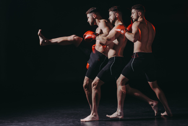 jakso laukaus paidaton lihaksikas nyrkkeilijä nyrkkeilyhanskat tekee potku
 - Valokuva, kuva