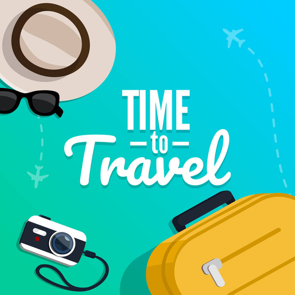 Concept of travelling with the text. Vector illustration in flat style. Suitcase, ticket, hat, sunglasses on a blue background. - Vektör, Görsel