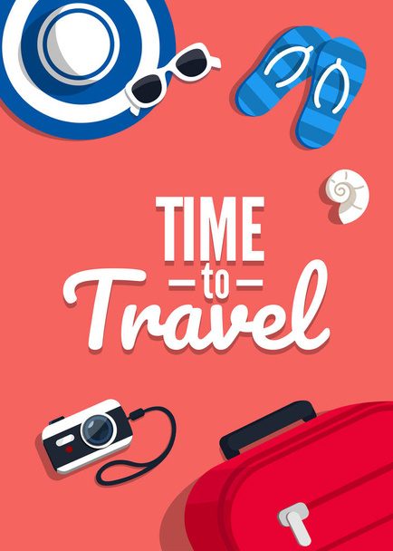 Concept van het reizen met de tekst. Vectorillustratie in vlakke stijl. Koffer, ticket, hoed, zonnebril op een rode achtergrond. - Vector, afbeelding