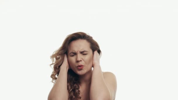 portrait of headache woman on white background - Video