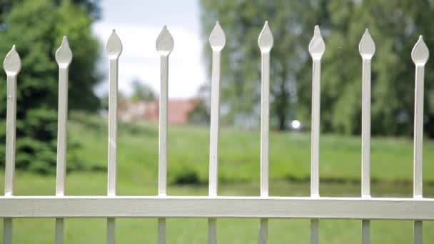 Close up of antique wrought iron fence outdoors in the park. Shallow depth of field, spikes on fence - Footage, Video