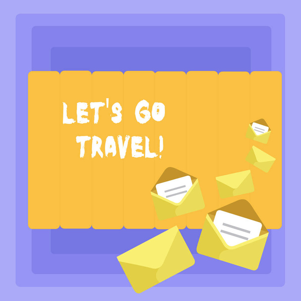 Conceptual hand writing showing Let S Go Travel. Business photo showcasing Going away Travelling Asking someone to go outside Trip. - Photo, Image