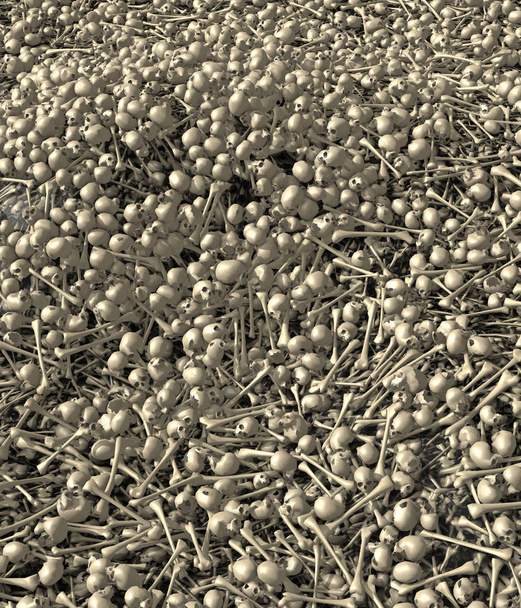 Велике поле і купа людських черепів і кісток
 - Фото, зображення
