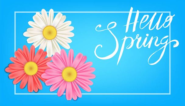 こんにちは春バナー。手描きのレタリング。背景、カモミールとデイジー。春時のテンプレート、チラシ、ポスター、パンフレット。幸せな春の日。ファッショナブルなスタイリング。分離された花のベクトル - ベクター画像