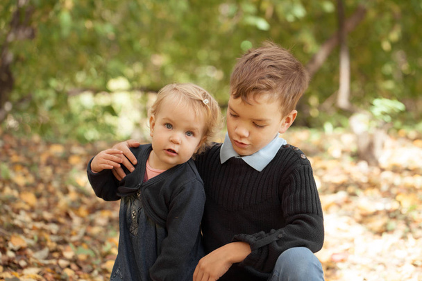 Portrait of happy brother and little sister in autumn park - Fotoğraf, Görsel