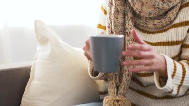 sick young woman in scarf drinking hot tea at home - Кадры, видео