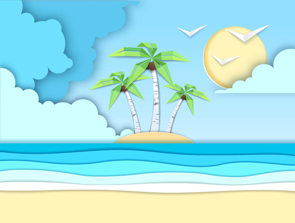 Морской или океанский пейзаж, морской пляж вырезают дизайн в стиле бумажного искусства
 - Вектор,изображение