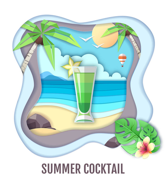 Tropic cocktail on sea beach landscape. Paper cut out art style  - Vector, Image