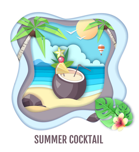 Tropischer Cocktail auf Meeresstrandlandschaft. Papier aus Kunststil ausgeschnitten  - Vektor, Bild