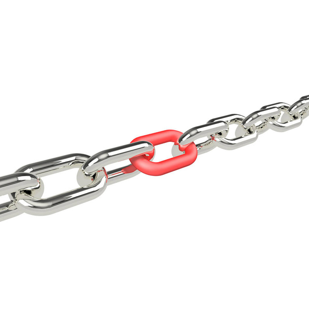 Silver chain with a red link in the center of which is beginning to heat up the rest. Isolated on white background. 3d rendering. 3d illustration - Photo, Image